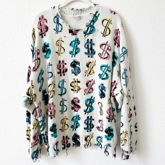 R13 Dollar Sign Oversized Sweater Size Large Distressed Colorful Cotton - Picture 1 of 10